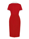 Contrast Collar and Cuff Button Front Office Ladies Pencil Dresses High Waist Vintage Women Red Bodycon Knee Length Dress