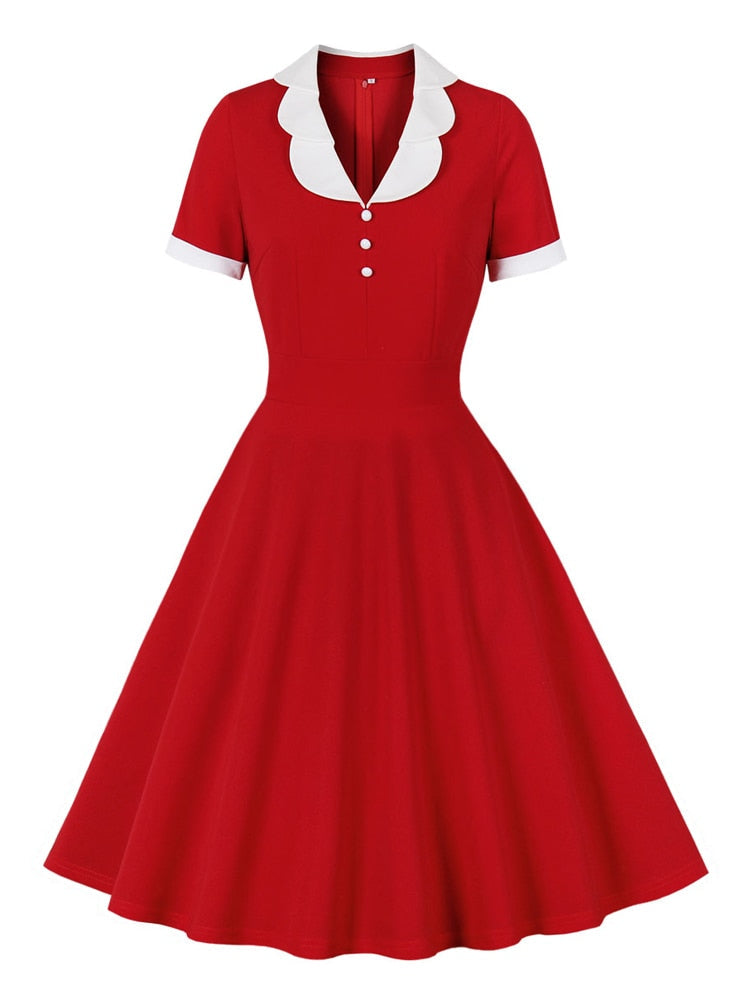 Contrast Collar and Cuff Button Front Red 50s Vintage Short Sleeve Summer Swing Dress