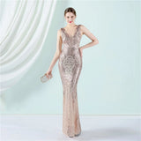 Women Deep V Neck White Sequin Dress Long Prom Evening Dress Sexy Party Maxi Dress