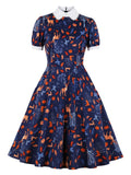 Peter pan Collar 50s Pinup Vintage Print Short Sleeve Cotton Women A-Line Pockets Party Cute Retro Dresses