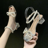 Summer Ankle Strap Pearls Sandals PVC Transparent Heels Sandalias Mujer Beaded Bow Party Shoes