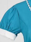 Peter Pan Collar Puff Sleeve Turquoise Cotton Dresses Women Elegant Robe Solid Vintage Style Pockets Midi Dress
