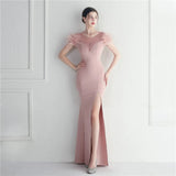 Elegant Feather Long Party Sexy Slit Crystal Dress Floor Length Evening Party Maxi Celebrity Dress