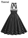 Cotton Vintage Summer Dresses for Women Halter Polka Dot 50s Rockabilly Fit and Flare Pleated Backless Dress