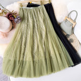 Women Lace Bead Pleated Sweet A-Line Elastic High Waist Skirts Streetwear