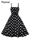 Polka Dot Vintage Spaghetti Strap A-Line Summer Dresses for Women Vacation Beach Casual Belted Midi Dress