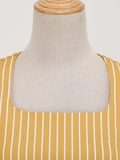 Square Neck High Waist Striped Vintage Clothes Ladies Midi Swing Dresses Cotton Elegant for Women Pocket Dress