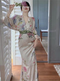 Vintage French Style Elegant Midi Dresses Casual Floral Print Party Vestdios Lady Robe