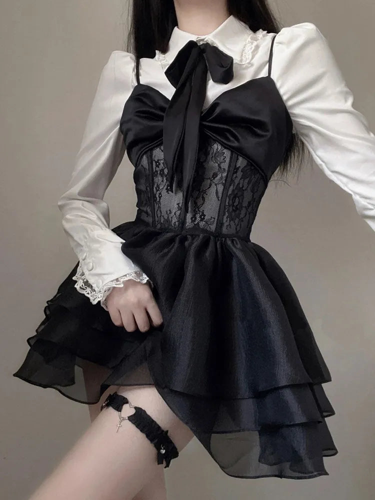Lace Kawaii Lolita Mini Dress Set Punk Harajuku Aesthetic Black Goth K FashionLoveHunter Lace Kawaii Lolita Mini Dress Set Punk Harajuku Aesthetic Black Goth K FashionLoveHunter