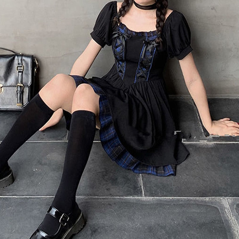 Dark Lolita Gothic Vintage Plaid Mini Dress Aesthetic Punk Hight Waist Ruffle Y2K Japanese Dresses Fairy Grunge Partyclub Jurken