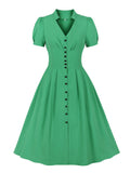V-Neck High Waist Single-Breasted Green Solid Vintage Women Puff Sleeve Midi Party Dresses
