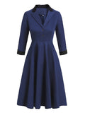 Navy Blue Notched Collar Button High Waist Vintage Robe Women Swing Dress Autumn 3/4 Length Sleeve A-Line Dress