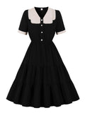 Black Contrast Collar and Cuff Pearl Detail Elegant Elastic Waist A-Line Vintage Midi Dress