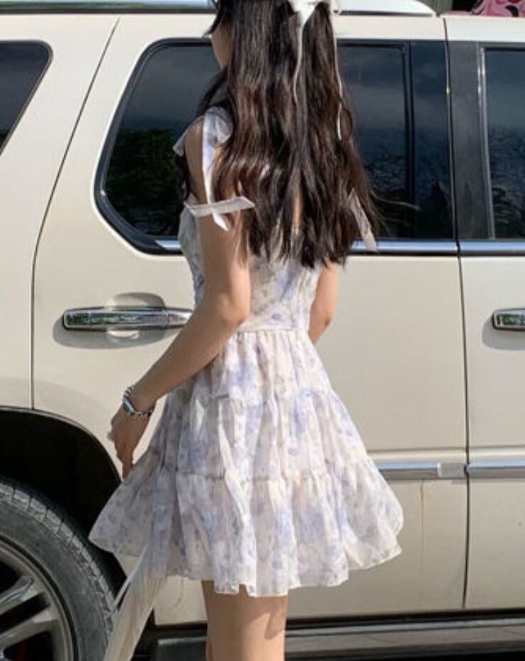 Summer Sashes Floral Fairy Mini Ruffle Flounce Fluffy Sweet Strap Korean Princess Dress