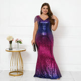 Plus Size Women Blue Silver Sequin Beading Evening Dress Elegant V Neck Party Maxi Dress Long Prom Dress