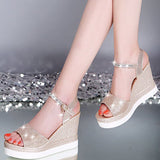 Summer Wedges Shiny Crystal Ankle Strap Platform Sandals Woman Peep Toe High Heels Shoes