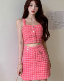 2pcs/set Summer Pink Plaid Sexy Women Midriff Tank Party Mini Casual Kawaii Skirt Suit