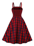 Red Plaid 100% Cotton Summer Rockabilly Vintage Dress Spaghetti Strap Button Front Shirred Back Party Dresses Women