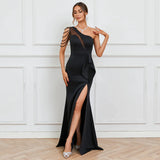 One Shoulder Slash Neck Beading Party Maxi Dress Women Sexy Slit Long Prom Dress Evening Dress
