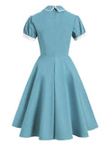 Turquoise Peter-Pan Collar 1950s Vintage Robe Short Sleeve Women Pocket Side Solid Elegant Midi Swing Dresses