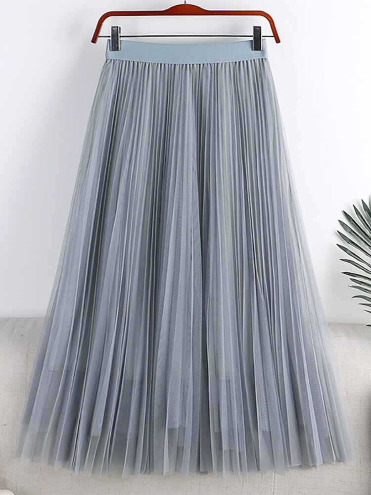 Summer Women Solid Casual Tulle Elastic High Waist Elegant Mesh Pleated Skirt