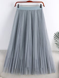 Summer Women Solid Casual Tulle Elastic High Waist Elegant Mesh Pleated Skirt