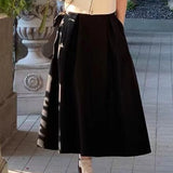 Summer Bow Elegant Two Piece Set Women Puff Sleeve Loose Sweet Midi Skirt Set Kawaii Suit