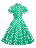 Contrast Dotted Collar and Cuff Bow Front Button Up Rockabilly Dress Women 50s Pinup Cotton Vintage Midi Dresses