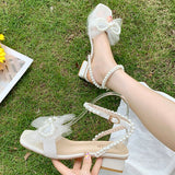 Summer Pearls Ankle Strap Sandals Sweet Lace Bow Party Wedding Shoes Woman Beige Square Heels Sandal