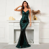Women Sexy Strap Green Sequin Dress Party Maxi Dress V Neck Evening Dress Long Prom Dress