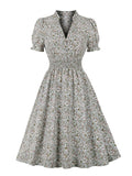 V-Neck Elastic Waist Puff Sleeve Summer Floral Women Vintage Style A-Line Beach Casual Dresses