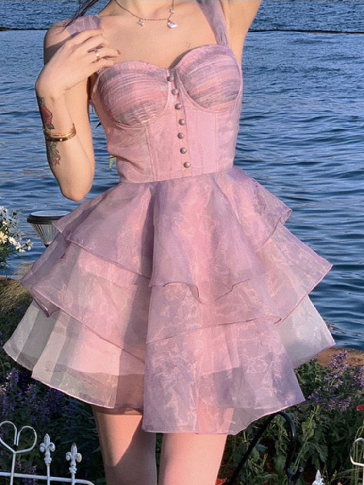 Summer Lace Fairy Sweet Korean Backless Fit Strap Kawaii Fluffy Elegant Party Mini Dress