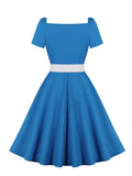 Blue Cotton Vintage Dresses Sweetheart Neck High Waist Women Elegant Outfits Short Sleeve Belted Pleated Dress