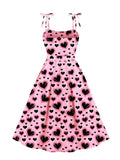 Heart Print 50s Pinup Vintage Pleated Dresses for Women Summer Vacation Knot Strap Belted Fit and Flare Dress