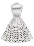 Notched Collar Double Breasted White Cotton Dresses Women Sleeveless Polka Dot Vintage Rockabilly Midi Dress