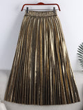 Spring Women Metallic Pleated Skirt Elastic High Waist Elegant Vintage Midi Skirt