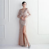 Sexy Slit Party Maxi Dress Gold Sequin Evening Dress Women Long Sleeve Prom Dress