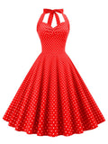 Sweetheart Neck Halter High Waist Vintage Lace Up Back Polka Dot 50s Robe Party Cotton Dress