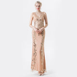 Women V-neck Tulle Embroider Elegant Mermaid Vintage 1920s Party Dress Great Gatsby Sequin Floor length Dress