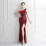 Sexy Slit Feater Evening Dress Women Slash Neck Sequin Party Maxi Dress Long Prom Dress