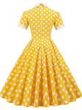 Vintage Runway Summer Women Dresses Turn Down Collar Yellow Dots Pinup Office A-Line Retro Business Formal Flare Swing Dress
