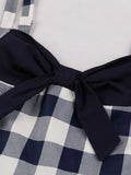 V-Neck Bow Front Gingham and Navy 50s Rockabilly Dresses 95% Cotton for Women Spaghetti Strap Summer Cocktail Party Dress