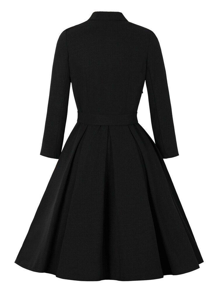 Color Block Notched Collar Button Up Belted Pleated Black Elegant Autumn Winter Ladies Vintage Dresses