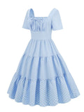 Square Neck Ruched Knot Front High Waist Elegant Blue Midi Dress Women Polka Dot Print Pleated Summer Vintage Dresses
