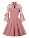 Turn-Down Collar Bow Front Mesh 3/4 Length Sleeve Spring Vacation Beach Elegant A-Line Mini Dress