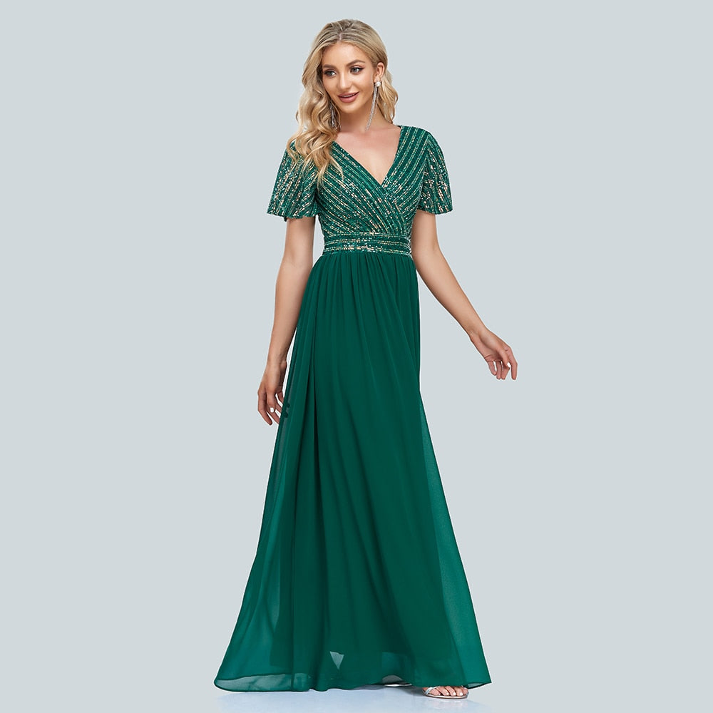 New Women Green Evening Dresses Elegant V-Neck Sequins Chiffon Formal Gown Robe Vestidos Dress