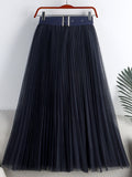 Elegant Long Women Tulle Pleated Skirt With Belt High Waist Solid Mesh Midi Skirt