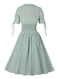 Green Floral Print V-Neck Summer Elegant Women Drawstring Sleeve Shirred Waist Pleated Vintage Dress
