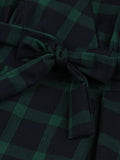 Green Plaid Retro V-Neck Sleeveless Pleated Tea Dresses for Women Belted Elegant Fit and Flare Dress Vintage Style