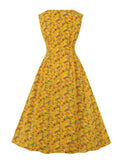 O-Neck High Waist Floral Print Vintage Tunics Elegant Summer Holiday Beach Midi Dress